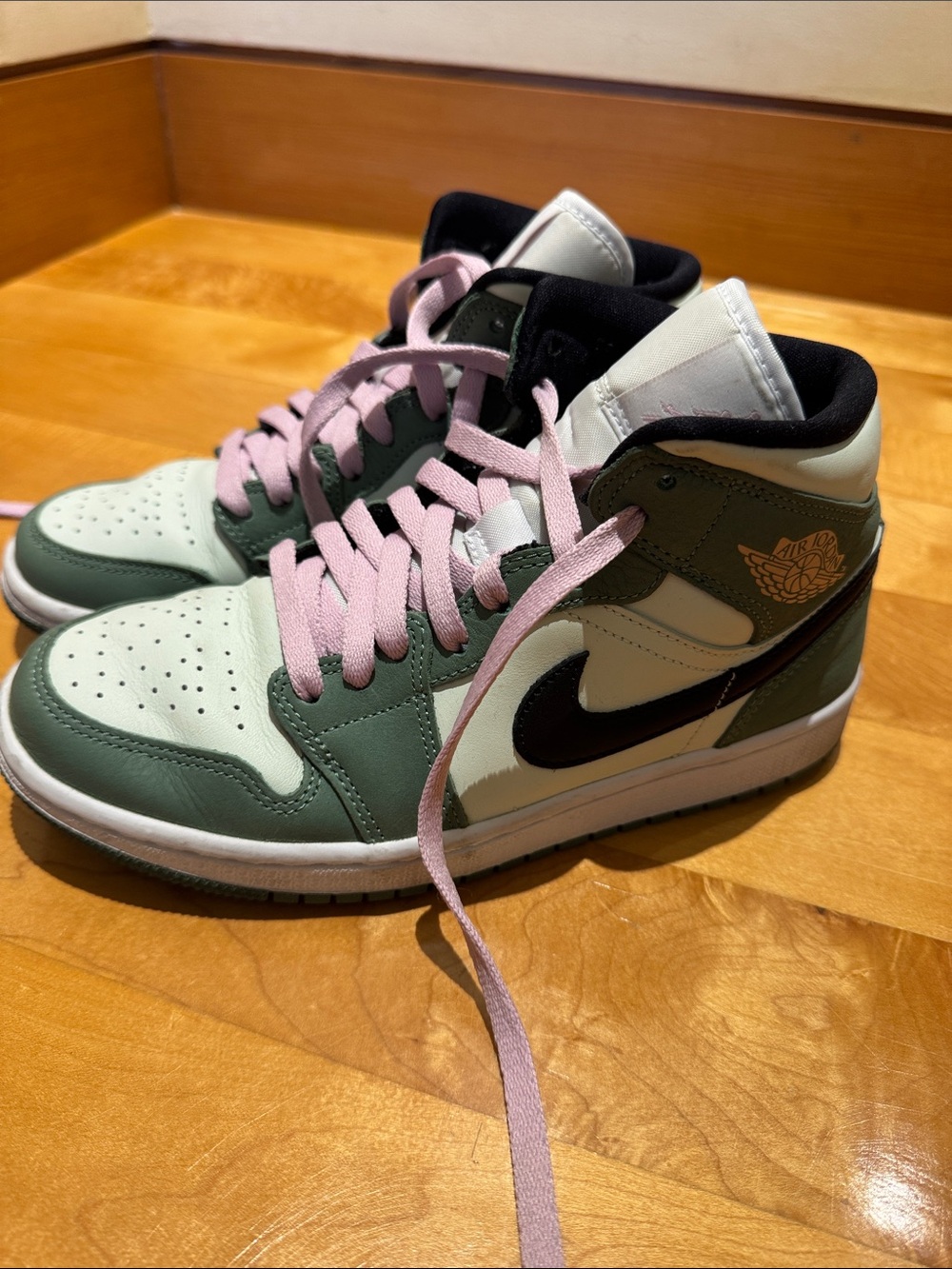 Nike Green Cream High-Top Air Jordan Sneakers with Pink Laces
